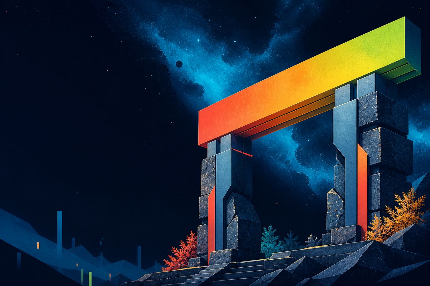 A glowing lintel beam on two columns, night sky behind it