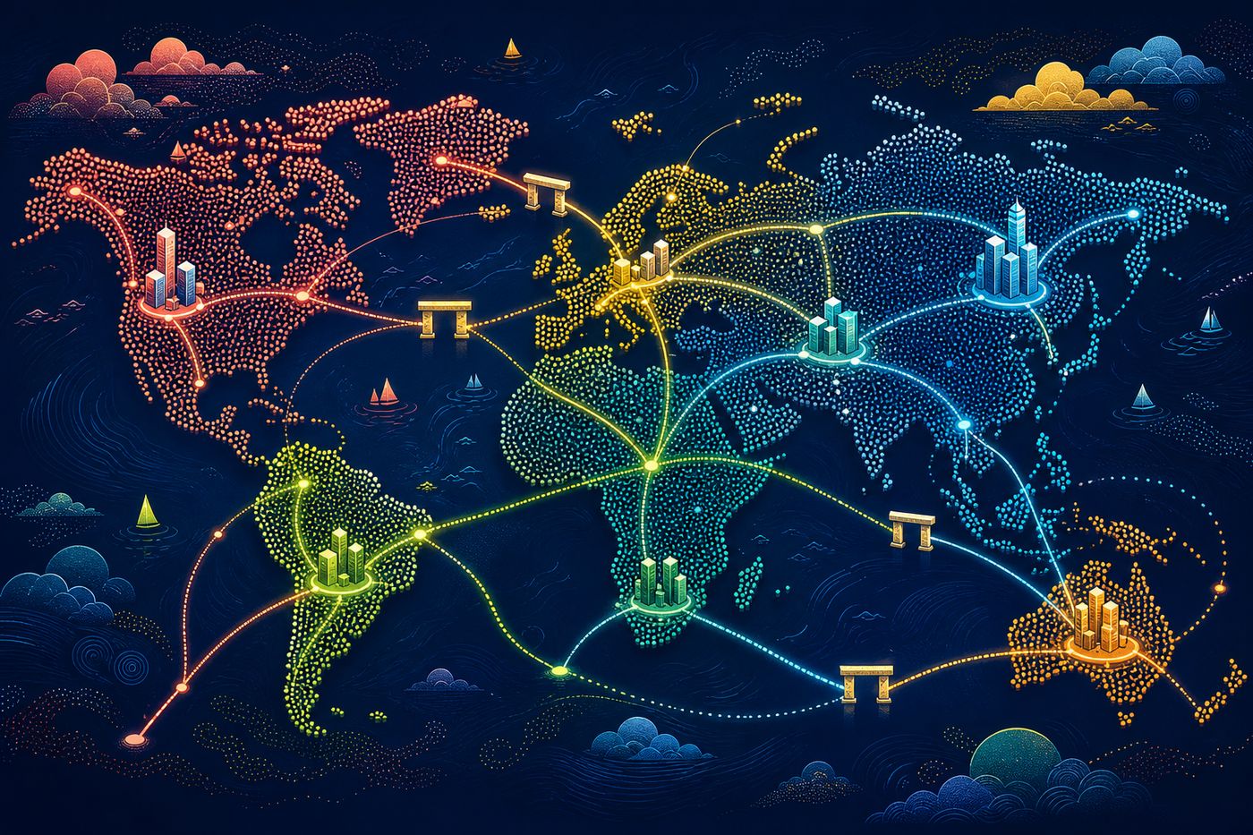 A dotted world map with glowing routes between cities