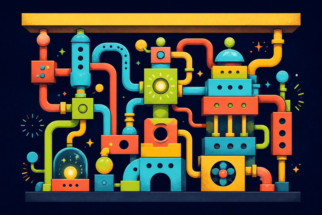 A colourful machine of pipes and nodes under a lintel beam